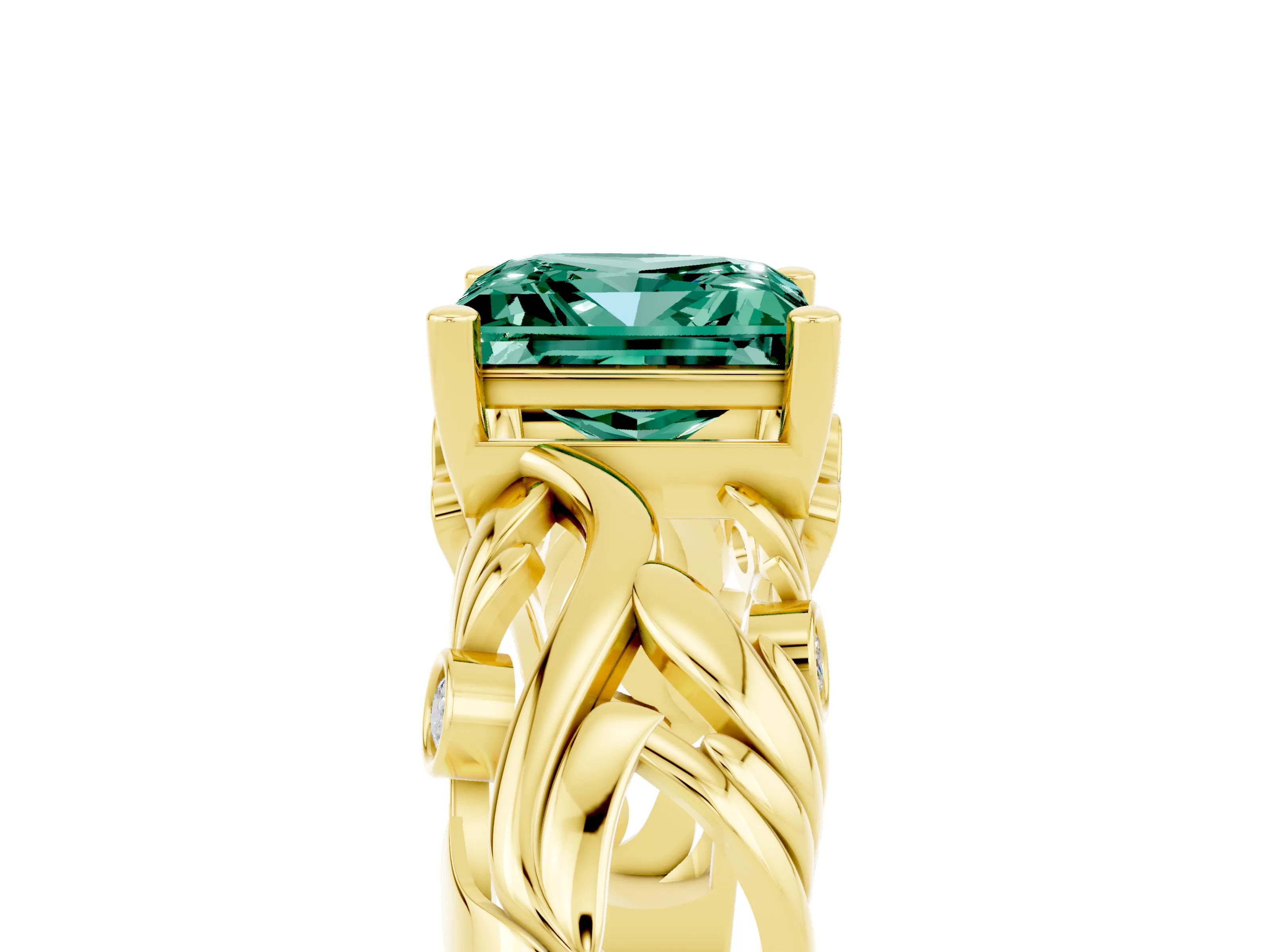 Yellow gold Princess Cut Solitaire Green Sapphire Leaf-Inspired Vine Band Ring with Prong Setting_5
