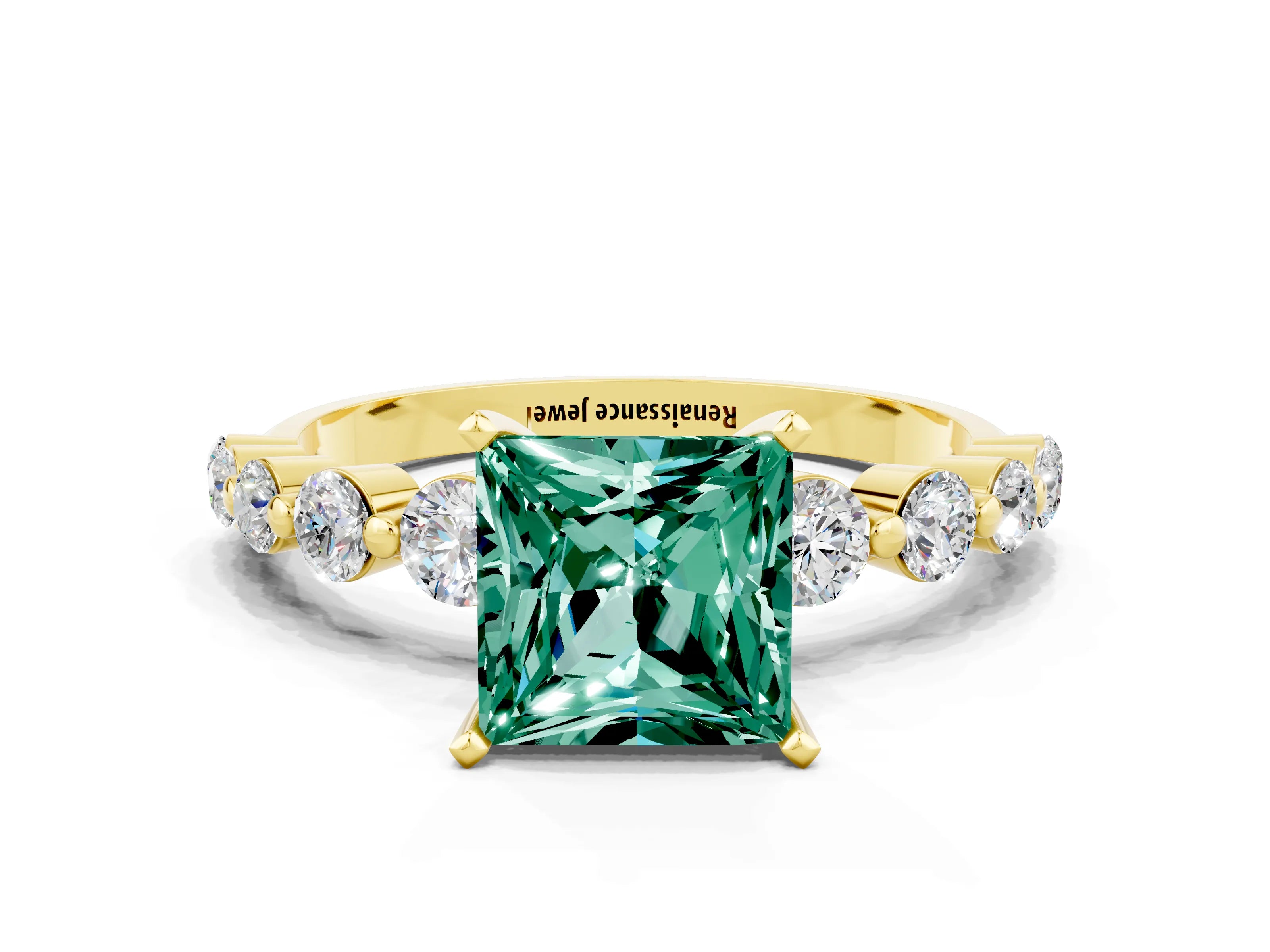 Yellow gold Princess Cut Solitaire Green Sapphire Ring with Pave Band and Four-Prong Setting