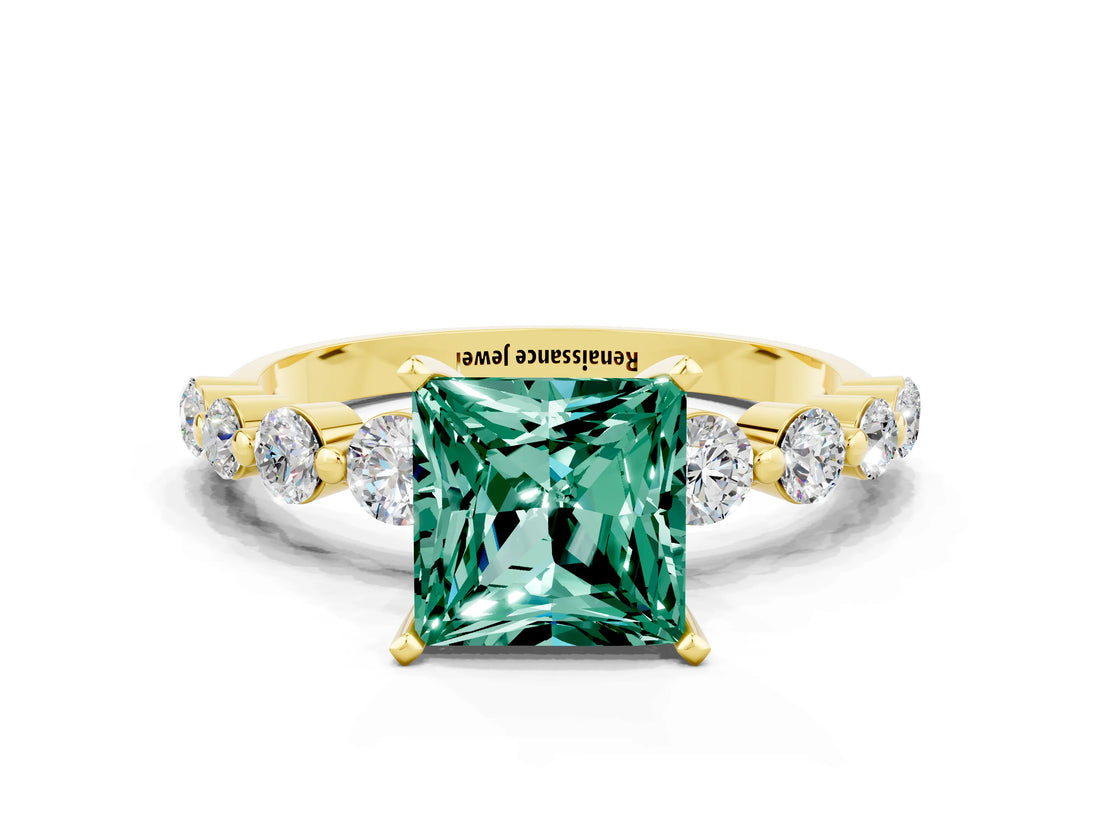 Yellow gold Princess Cut Solitaire Green Sapphire Ring with Pave Band and Four-Prong Setting
