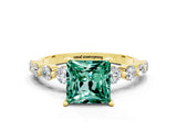 Yellow gold Princess Cut Solitaire Green Sapphire Ring with Pave Band and Four-Prong Setting