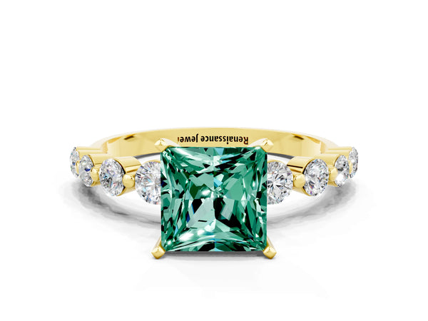 Yellow gold Princess Cut Solitaire Green Sapphire Ring with Pave Band and Four-Prong Setting