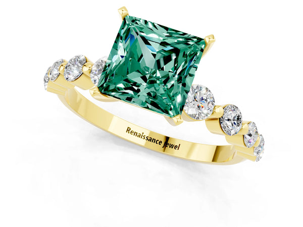 Yellow gold Princess Cut Solitaire Green Sapphire Ring with Pave Band and Four-Prong Setting