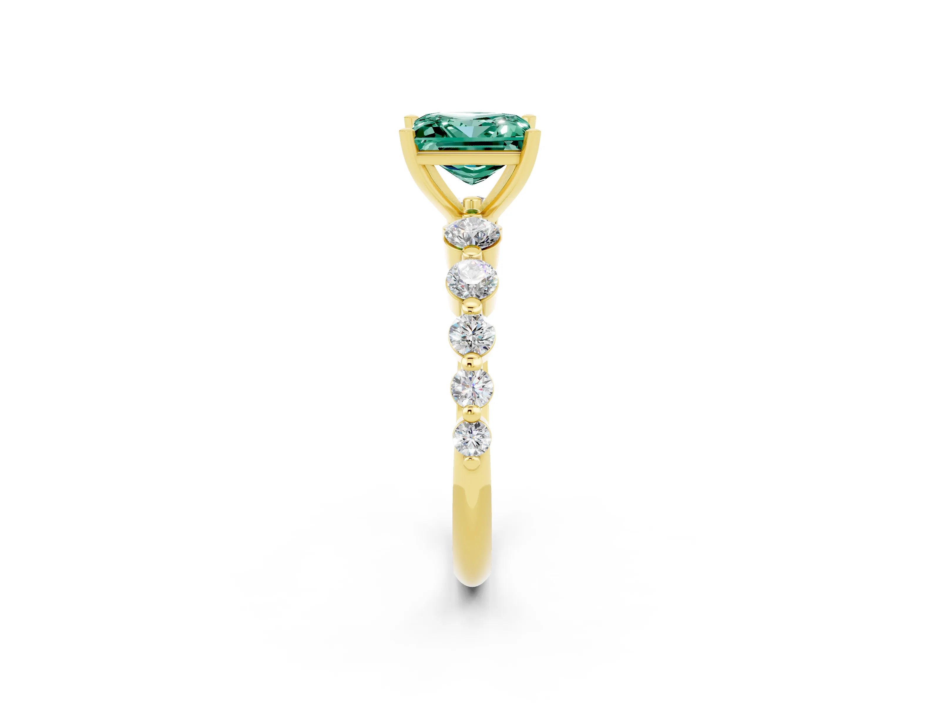 Yellow gold Princess Cut Solitaire Green Sapphire Ring with Pave Band and Four-Prong Setting_2