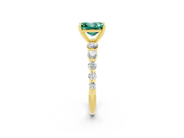 Yellow gold Princess Cut Solitaire Green Sapphire Ring with Pave Band and Four-Prong Setting