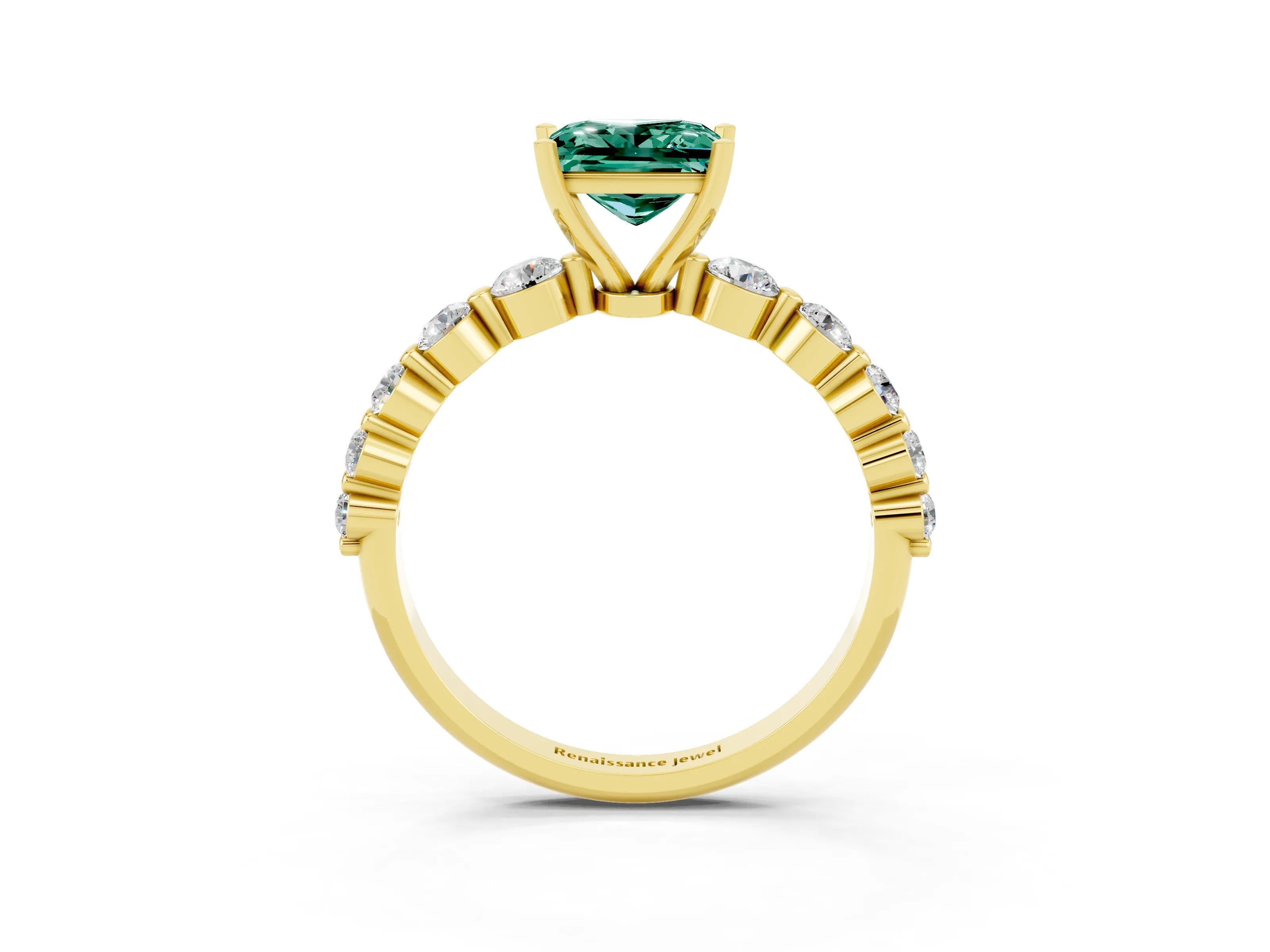 Yellow gold Princess Cut Solitaire Green Sapphire Ring with Pave Band and Four-Prong Setting_3