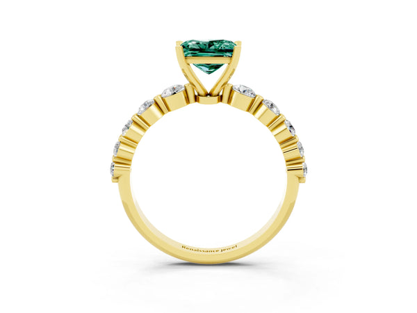 Yellow gold Princess Cut Solitaire Green Sapphire Ring with Pave Band and Four-Prong Setting