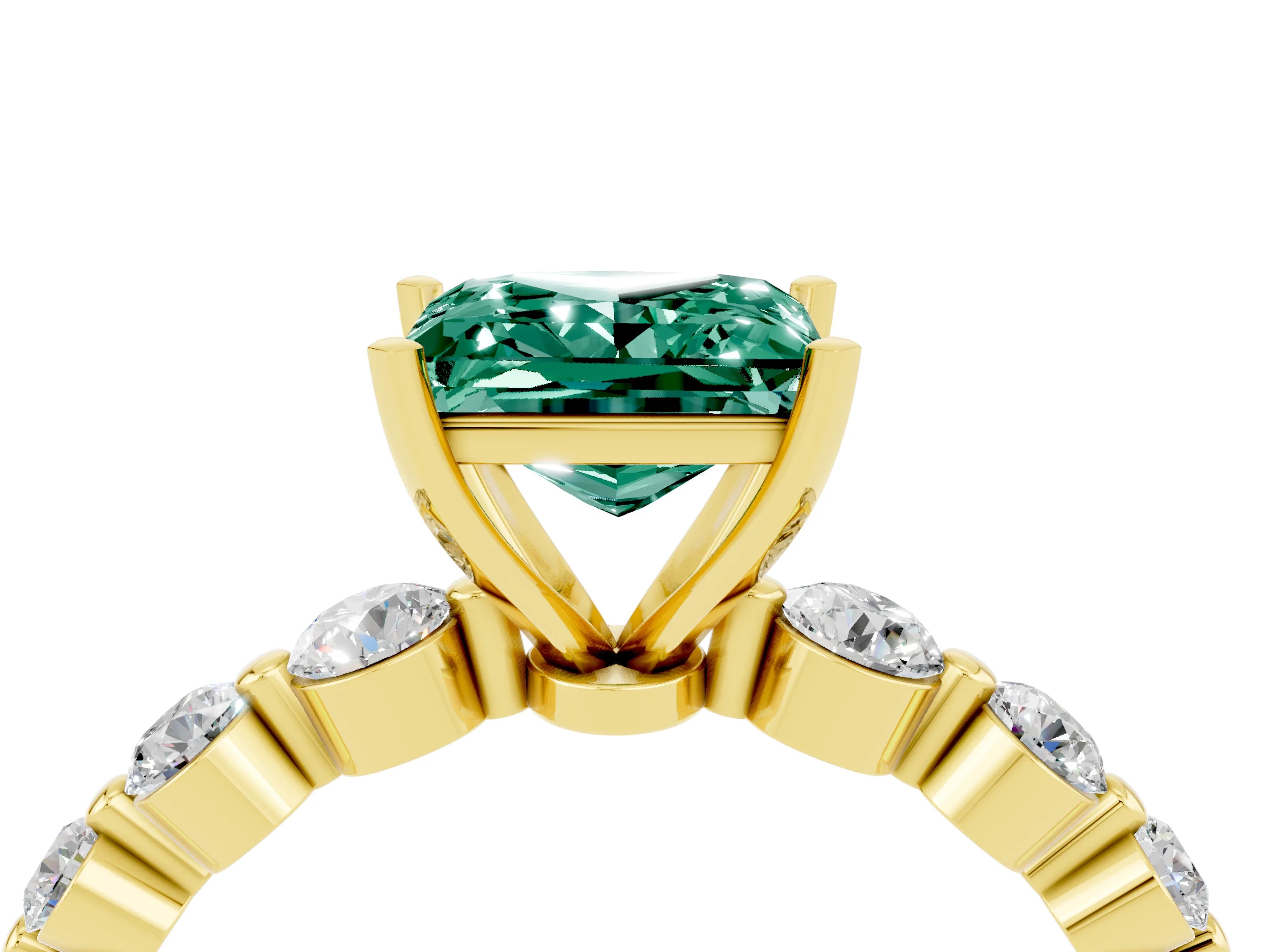 Yellow gold Princess Cut Solitaire Green Sapphire Ring with Pave Band and Four-Prong Setting_4