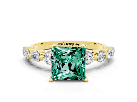 Yellow gold Princess Cut Solitaire Green Sapphire Ring with Pave Band and Four-Prong Setting