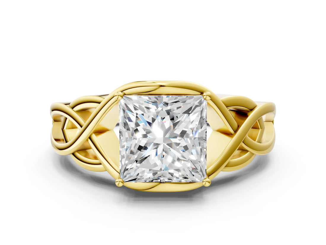 Yellow gold Princess Cut Solitaire Intertwined Band Prong Setting Ring_10