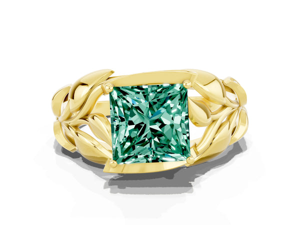Yellow gold Princess Cut Green Sapphire Leaf-Inspired Engagement Ring with Round Accents and Prong Setting