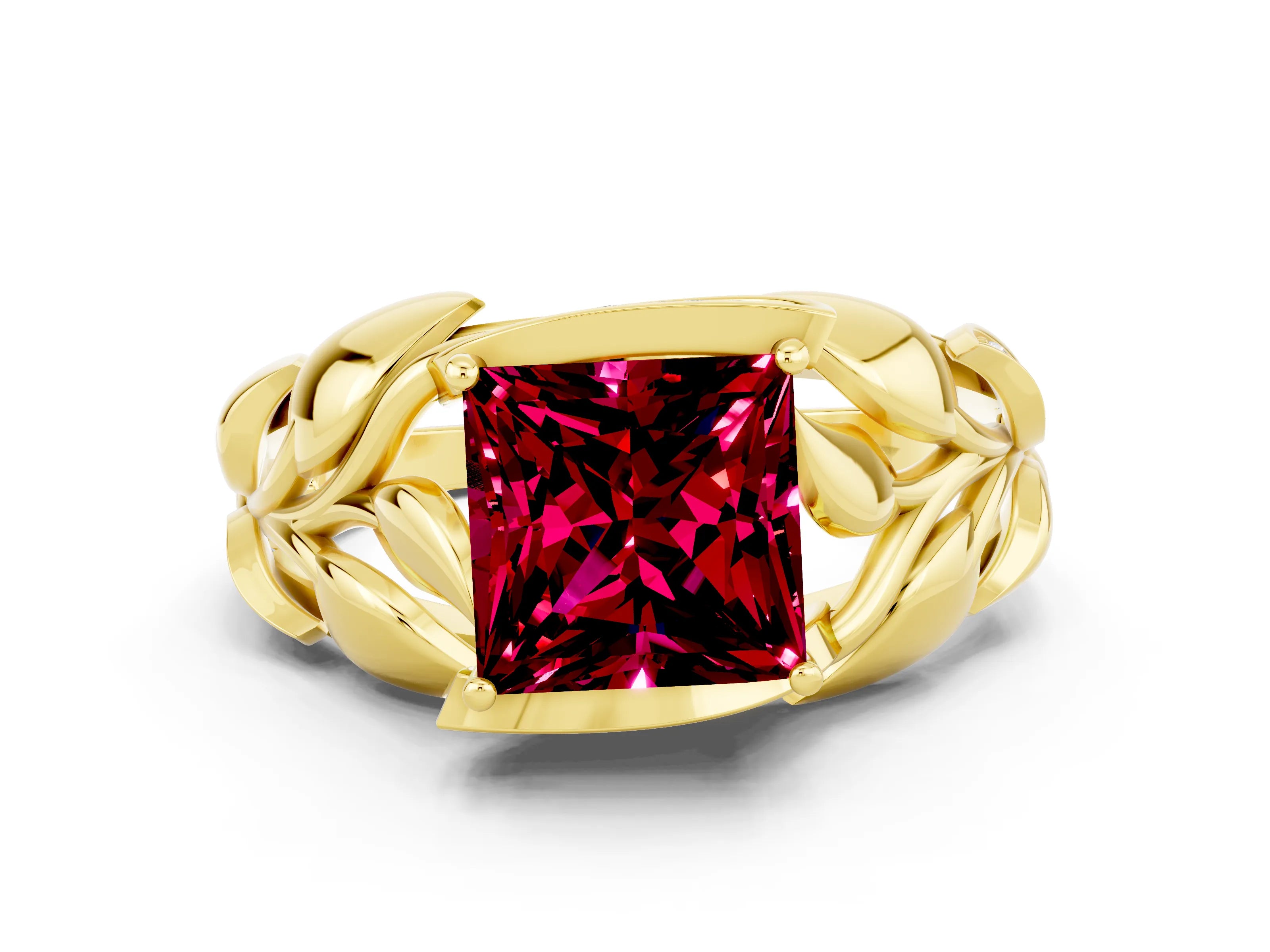 Yellow gold Princess Cut Solitaire Leaf-Inspired Engagement Ring with Prong Setting