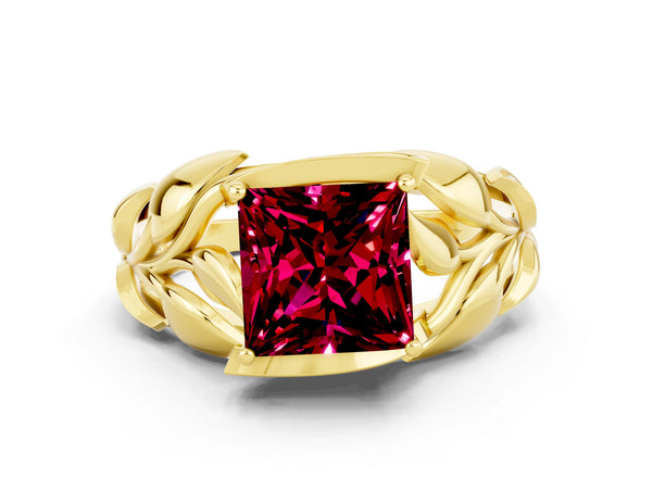 Yellow gold Princess Cut Garnet Leaf-Inspired Engagement Ring with Round Accents and Prong Setting