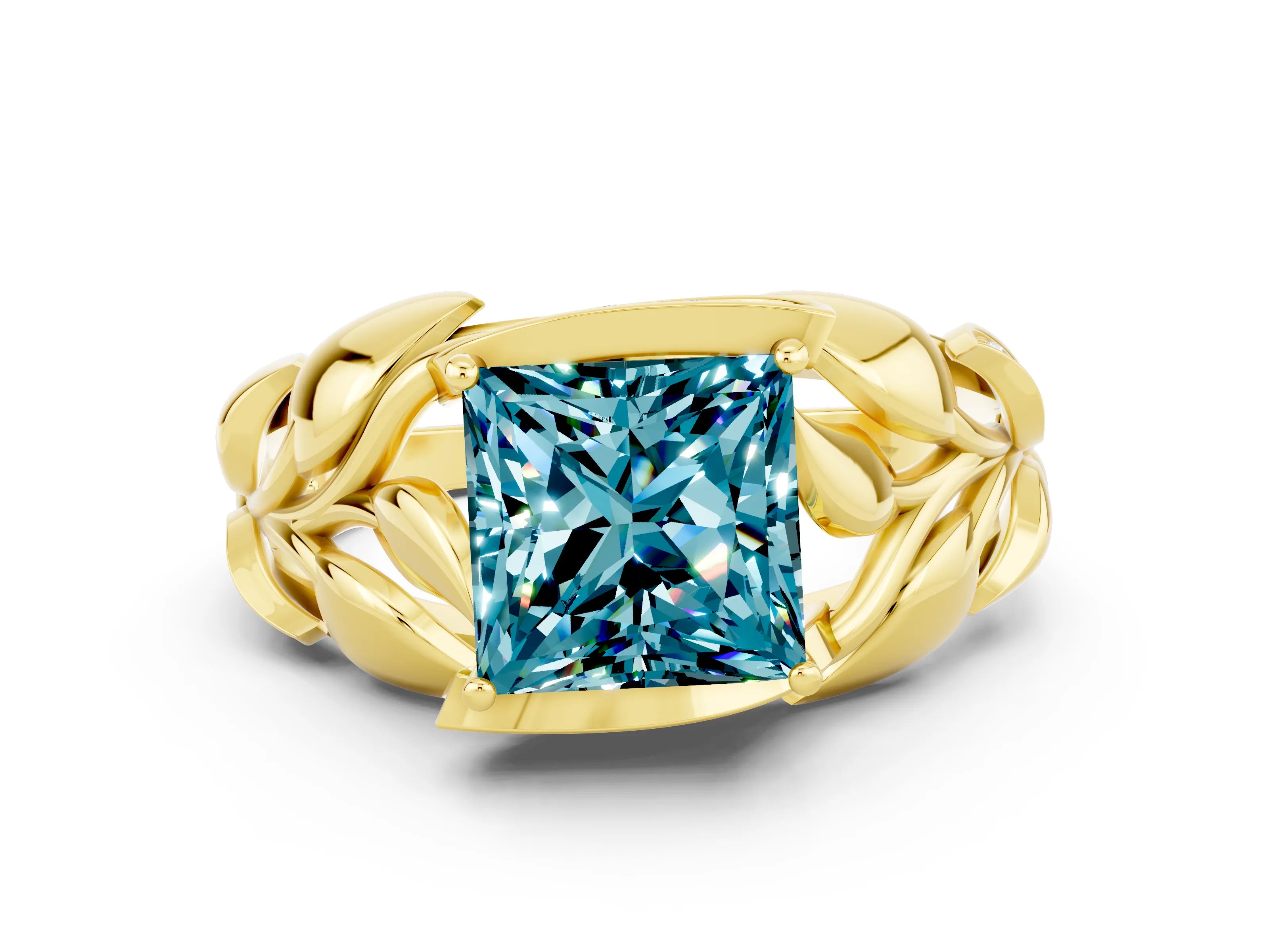 Yellow gold Princess Cut Solitaire Leaf-Inspired Engagement Ring with Prong Setting