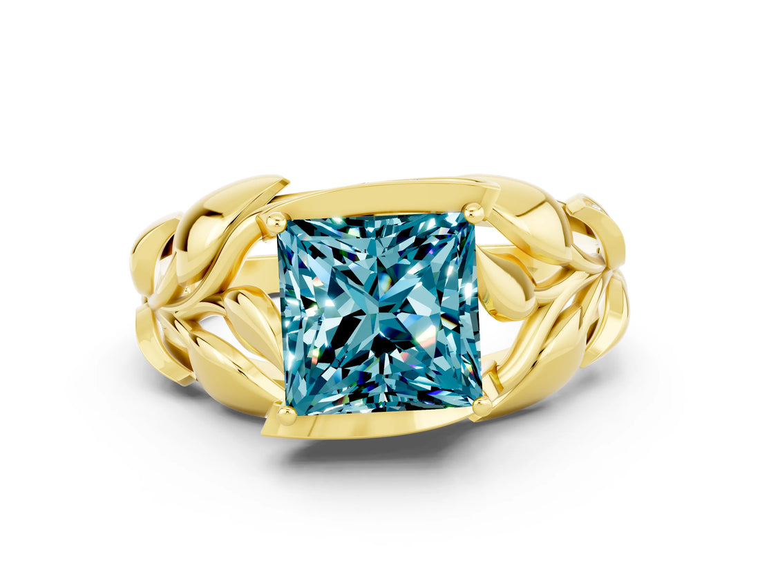 Yellow gold Princess Cut Solitaire Leaf-Inspired Engagement Ring with Prong Setting