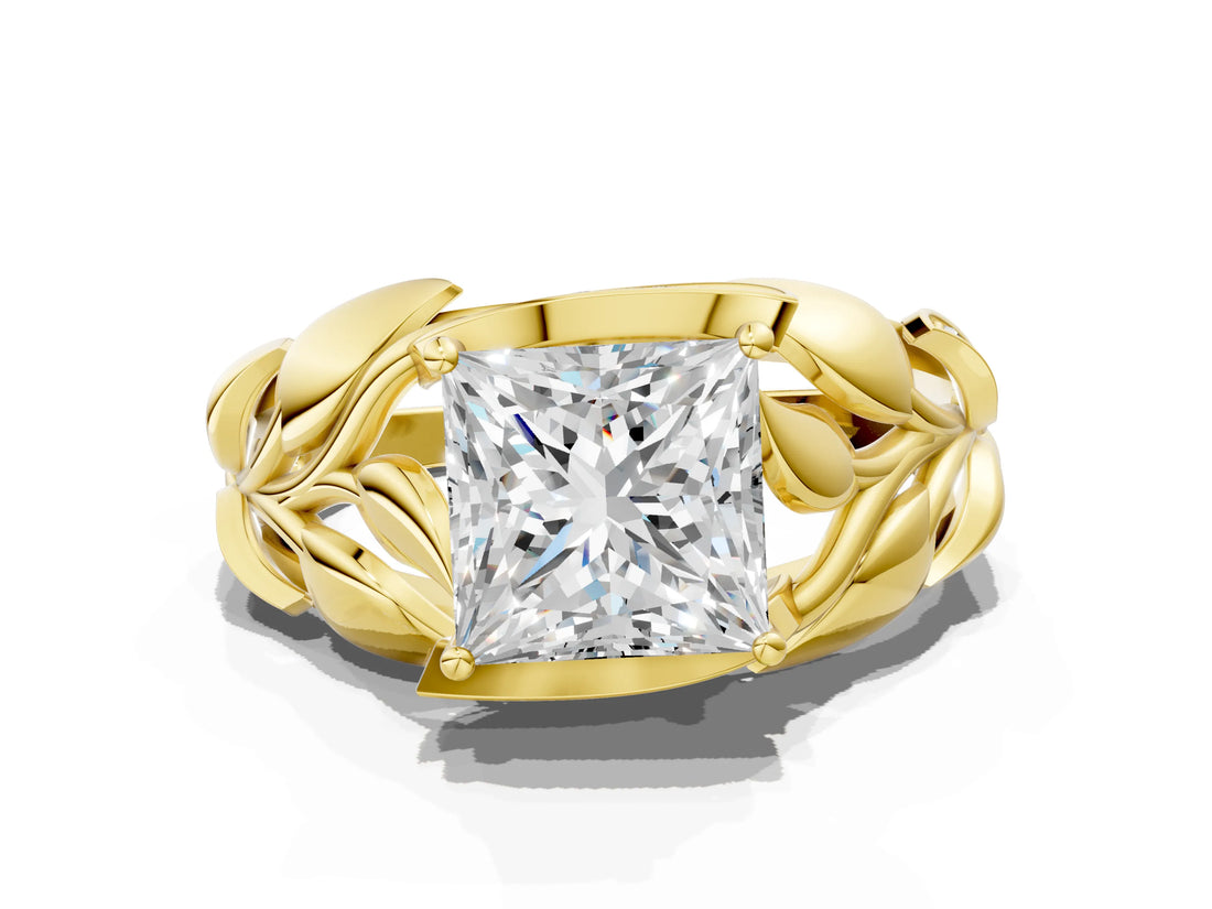 Yellow gold Princess Cut Solitaire Leaf-Inspired Engagement Ring with Prong Setting_16