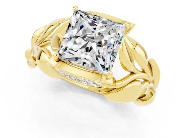Yellow gold Princess Cut Moissanite Leaf-Inspired Engagement Ring with Round Accents and Prong Setting
