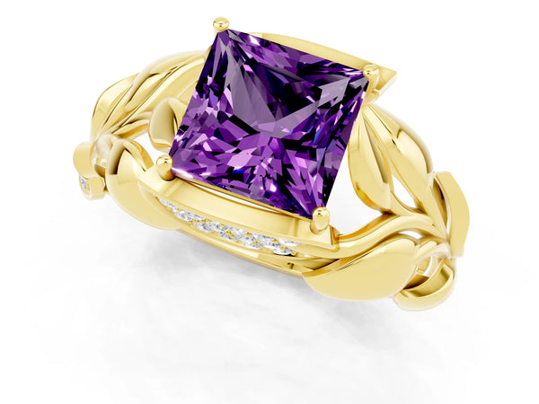Yellow gold Princess Cut Amethyst Leaf-Inspired Engagement Ring with Round Accents and Prong Setting