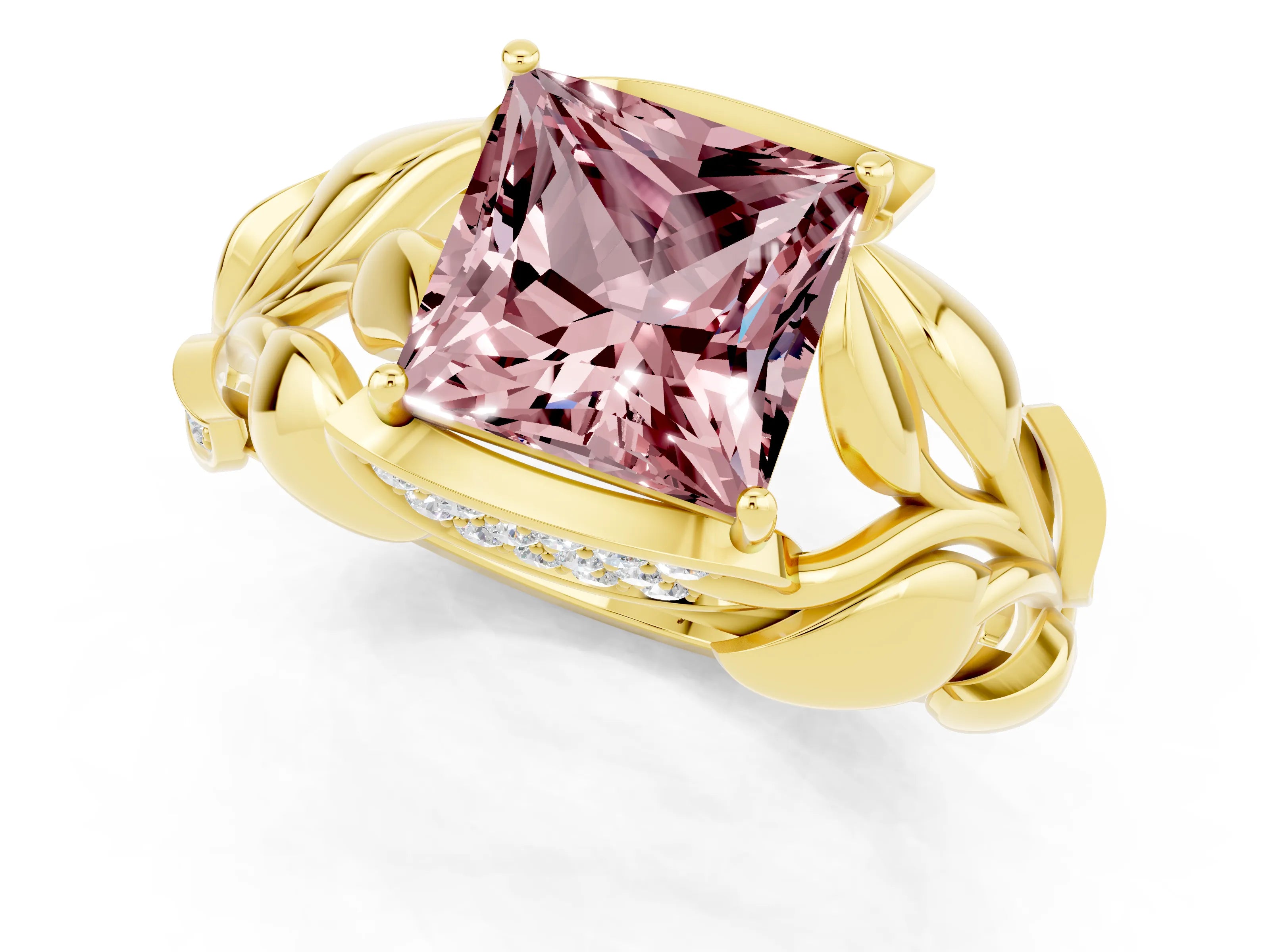 Yellow gold Princess Cut Solitaire Leaf-Inspired Engagement Ring with Prong Setting_1