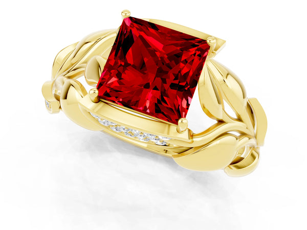 Yellow gold Princess Cut Ruby Leaf-Inspired Engagement Ring with Round Accents and Prong Setting