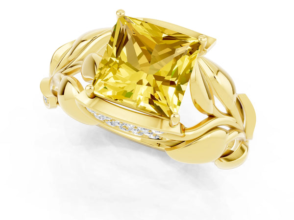Yellow gold Princess Cut Yellow Sapphire Leaf-Inspired Engagement Ring with Round Accents and Prong Setting
