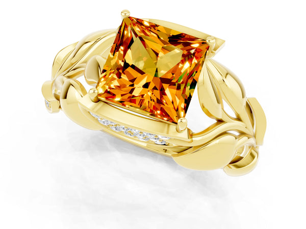 Yellow gold Princess Cut Citrine Leaf-Inspired Engagement Ring with Round Accents and Prong Setting