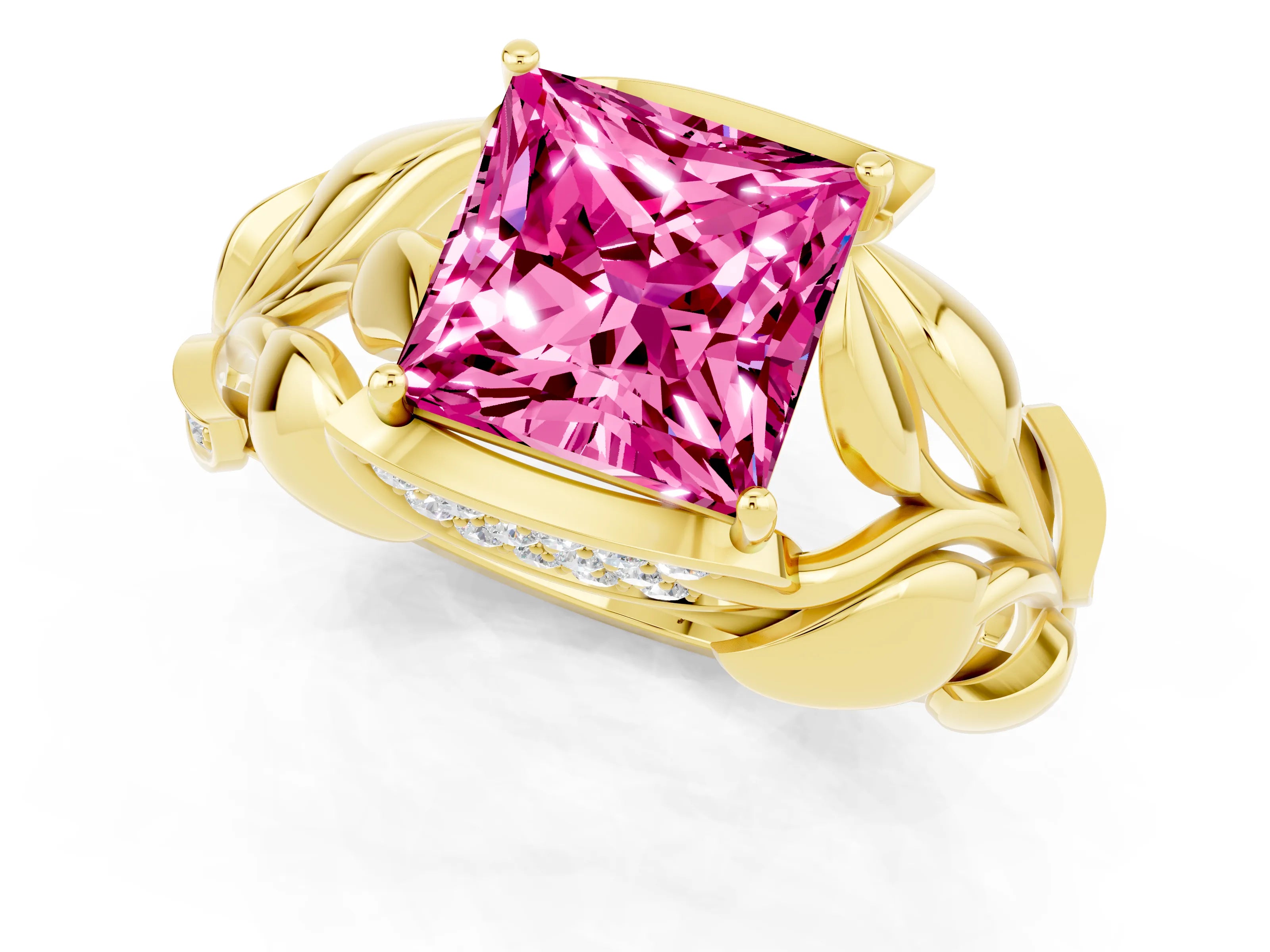 Yellow gold Princess Cut Solitaire Leaf-Inspired Engagement Ring with Prong Setting_1