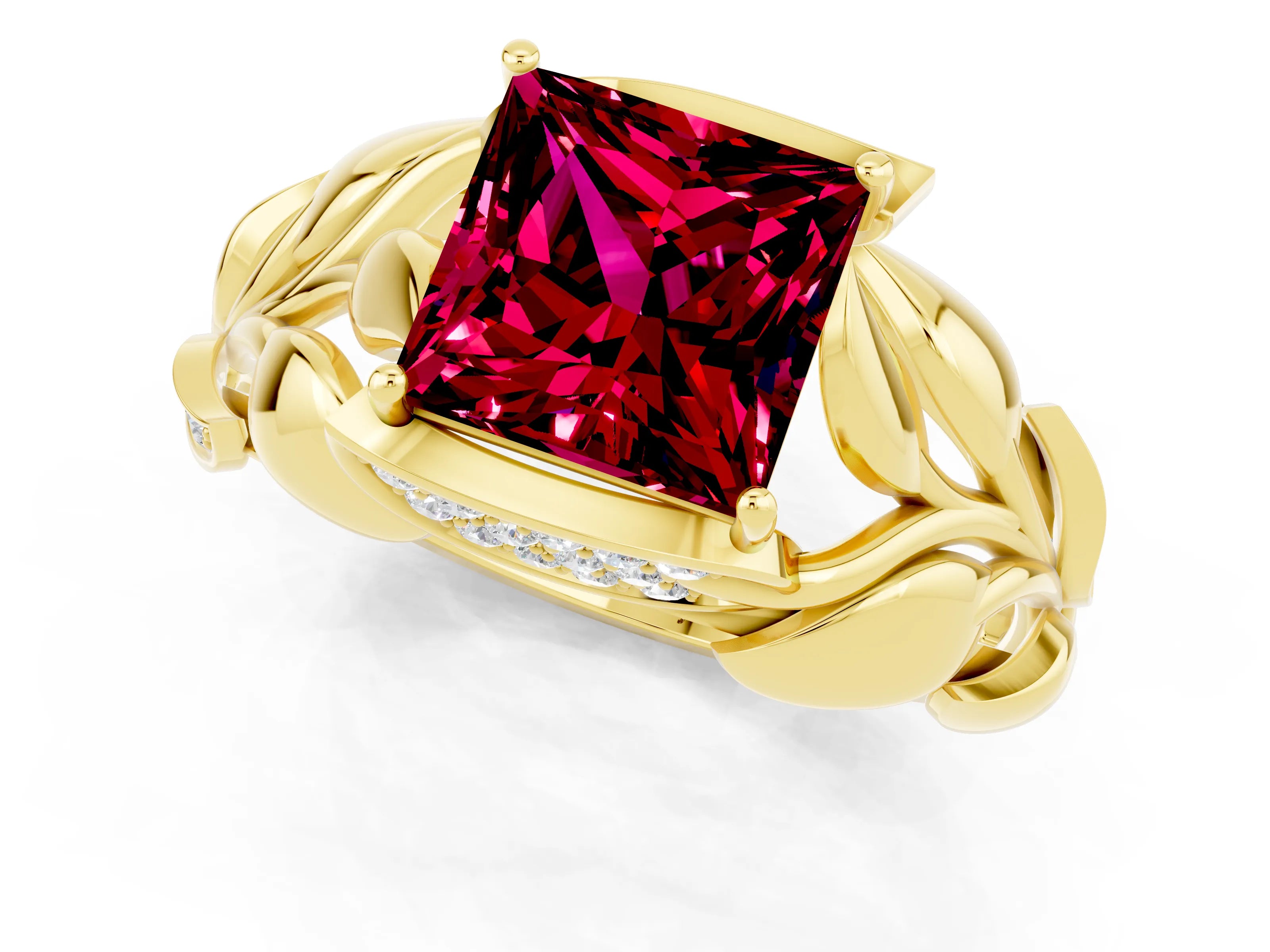 Yellow gold Princess Cut Solitaire Leaf-Inspired Engagement Ring with Prong Setting_1