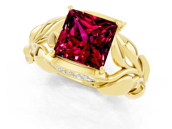 Yellow gold Princess Cut Garnet Leaf-Inspired Engagement Ring with Round Accents and Prong Setting