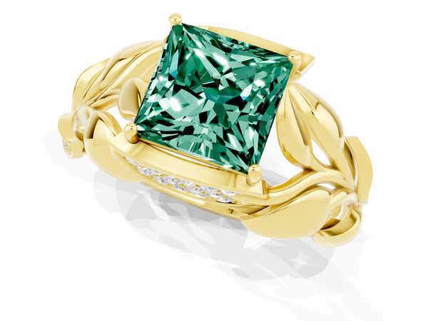 Yellow gold Princess Cut Green Sapphire Leaf-Inspired Engagement Ring with Round Accents and Prong Setting