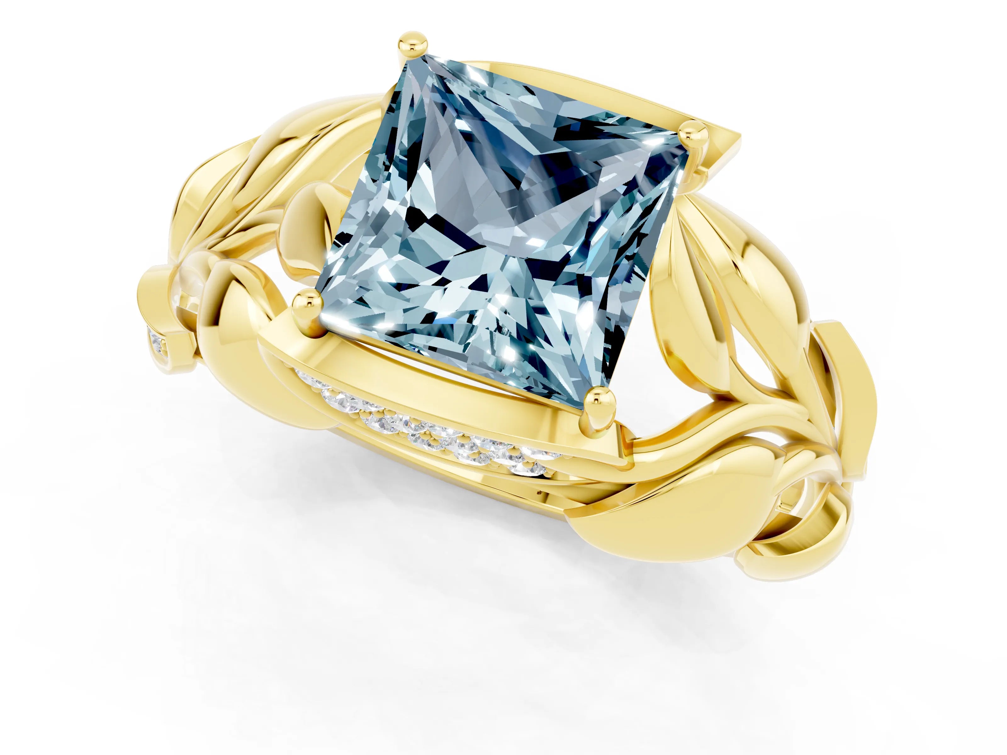 Yellow gold Princess Cut Solitaire Leaf-Inspired Engagement Ring with Prong Setting_1