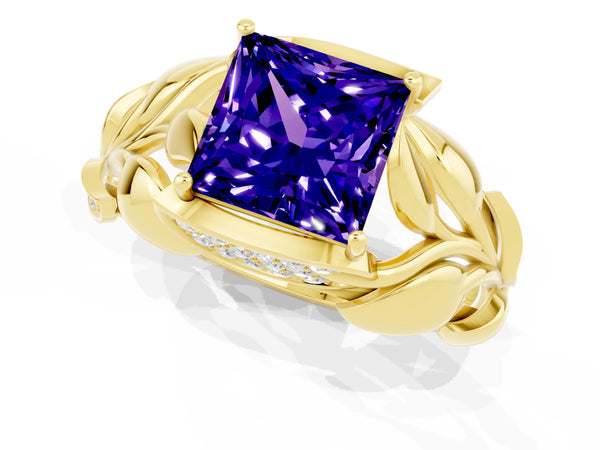 Yellow gold Princess Cut Tanzanite Leaf-Inspired Engagement Ring with Round Accents and Prong Setting