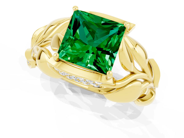 Yellow gold Princess Cut Emerald Leaf-Inspired Engagement Ring with Round Accents and Prong Setting