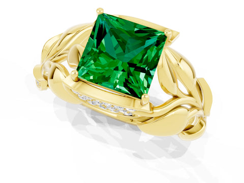 Yellow gold Princess Cut Solitaire Leaf-Inspired Engagement Ring with Prong Setting_1