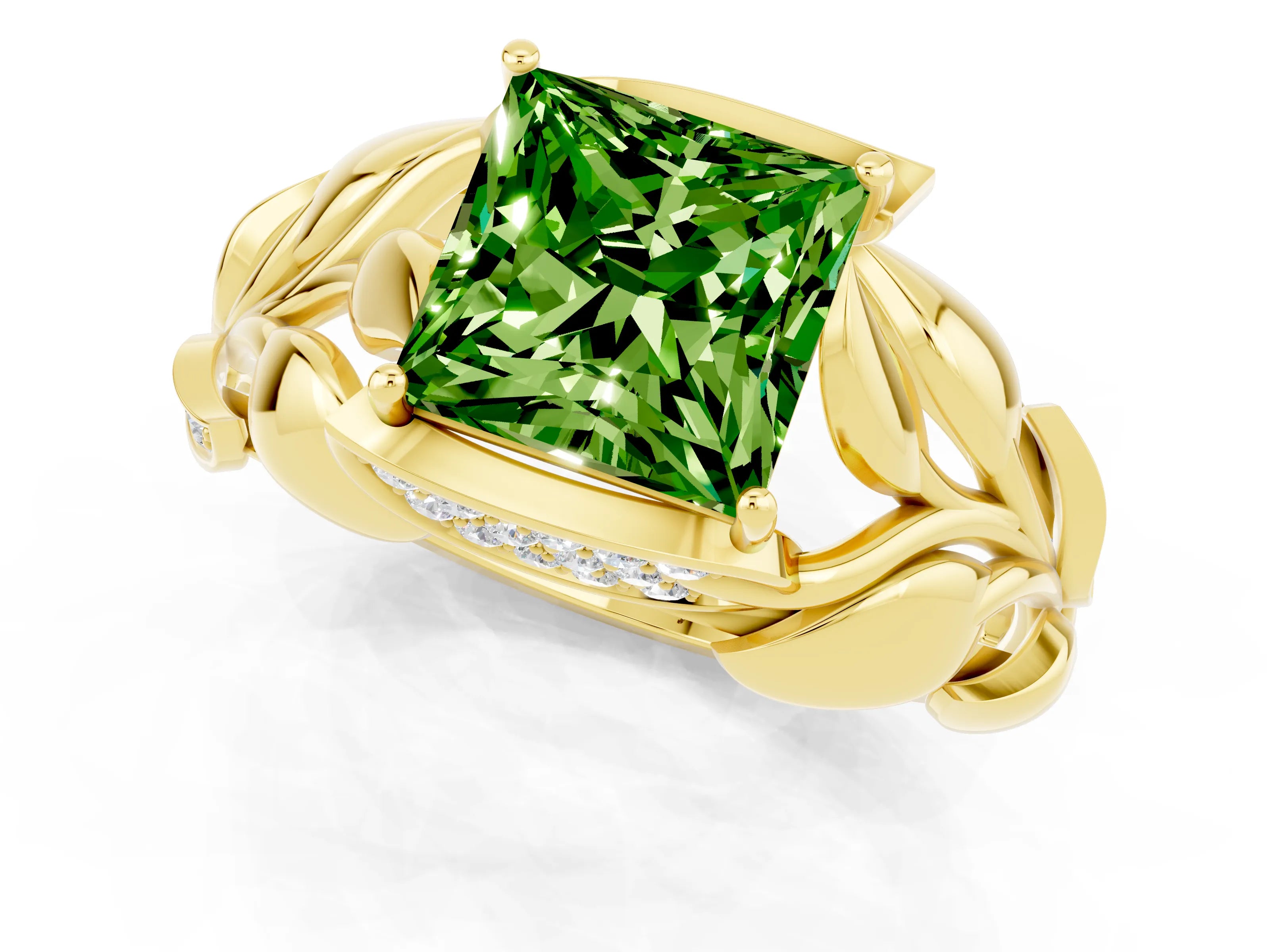 Yellow gold Princess Cut Solitaire Leaf-Inspired Engagement Ring with Prong Setting_1