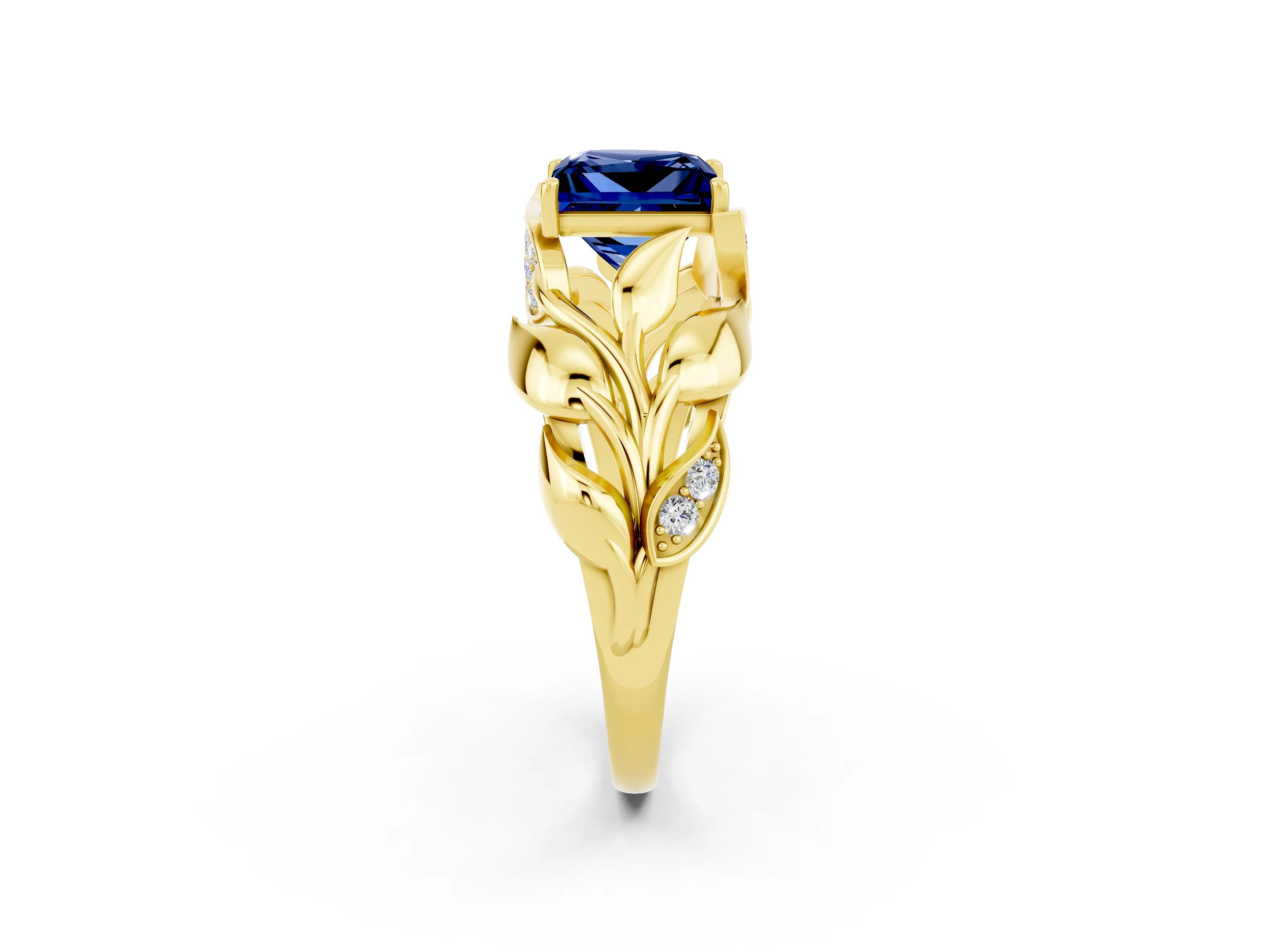 Yellow gold Princess Cut Solitaire Leaf-Inspired Engagement Ring with Prong Setting_2