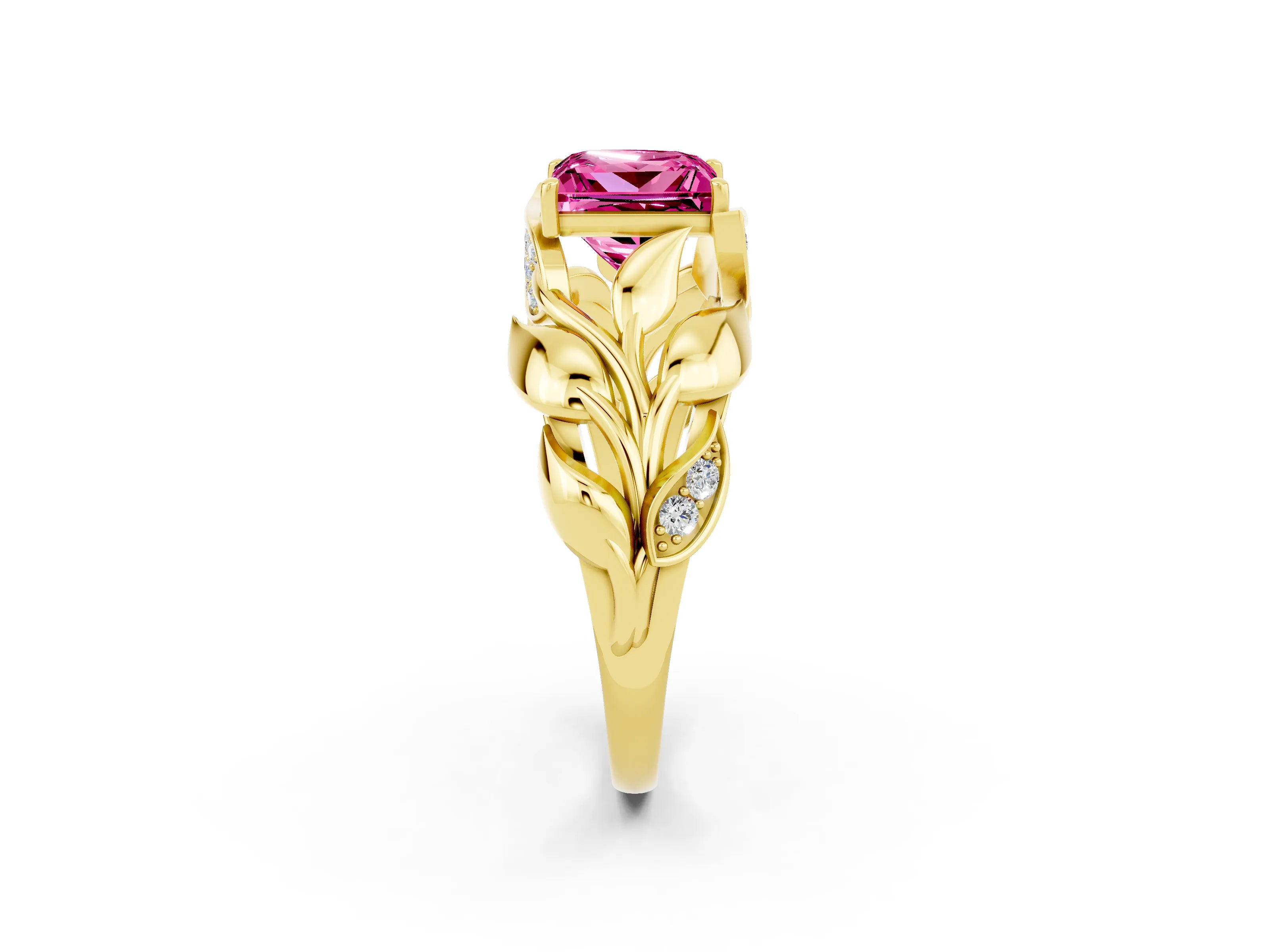 Yellow gold Princess Cut Solitaire Leaf-Inspired Engagement Ring with Prong Setting_2