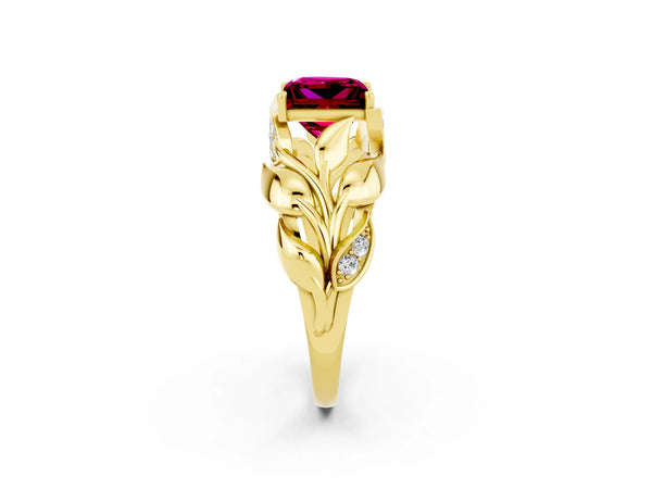 Yellow gold Princess Cut Garnet Leaf-Inspired Engagement Ring with Round Accents and Prong Setting