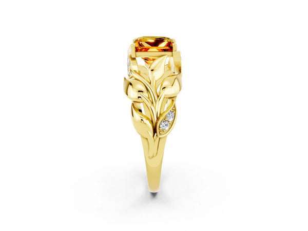 Yellow gold Princess Cut Citrine Leaf-Inspired Engagement Ring with Round Accents and Prong Setting