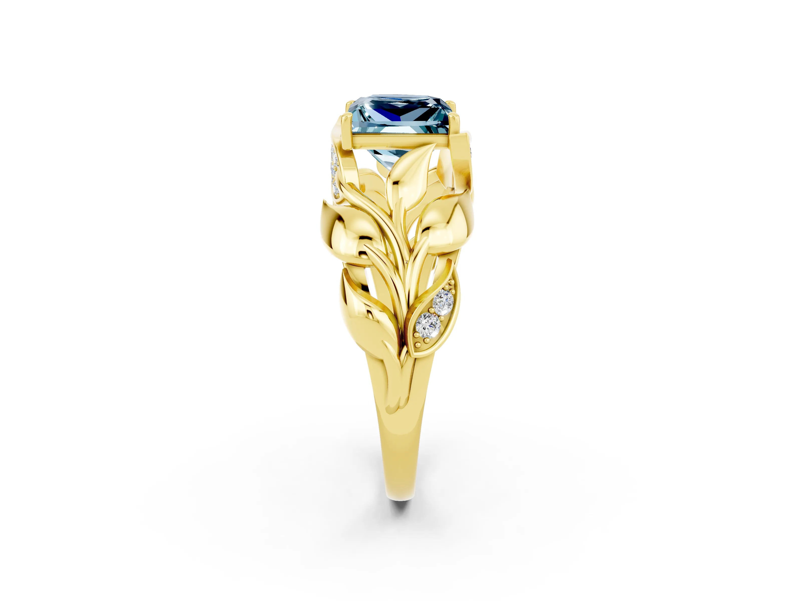 Yellow gold Princess Cut Solitaire Leaf-Inspired Engagement Ring with Prong Setting_2