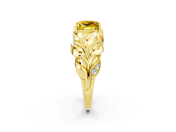 Yellow gold Princess Cut Yellow Sapphire Leaf-Inspired Engagement Ring with Round Accents and Prong Setting