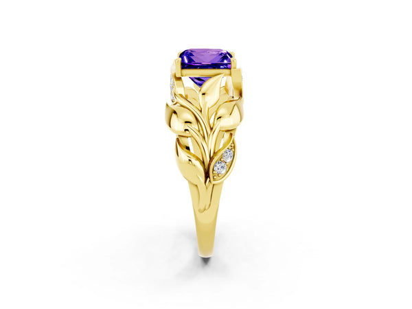 Yellow gold Princess Cut Tanzanite Leaf-Inspired Engagement Ring with Round Accents and Prong Setting