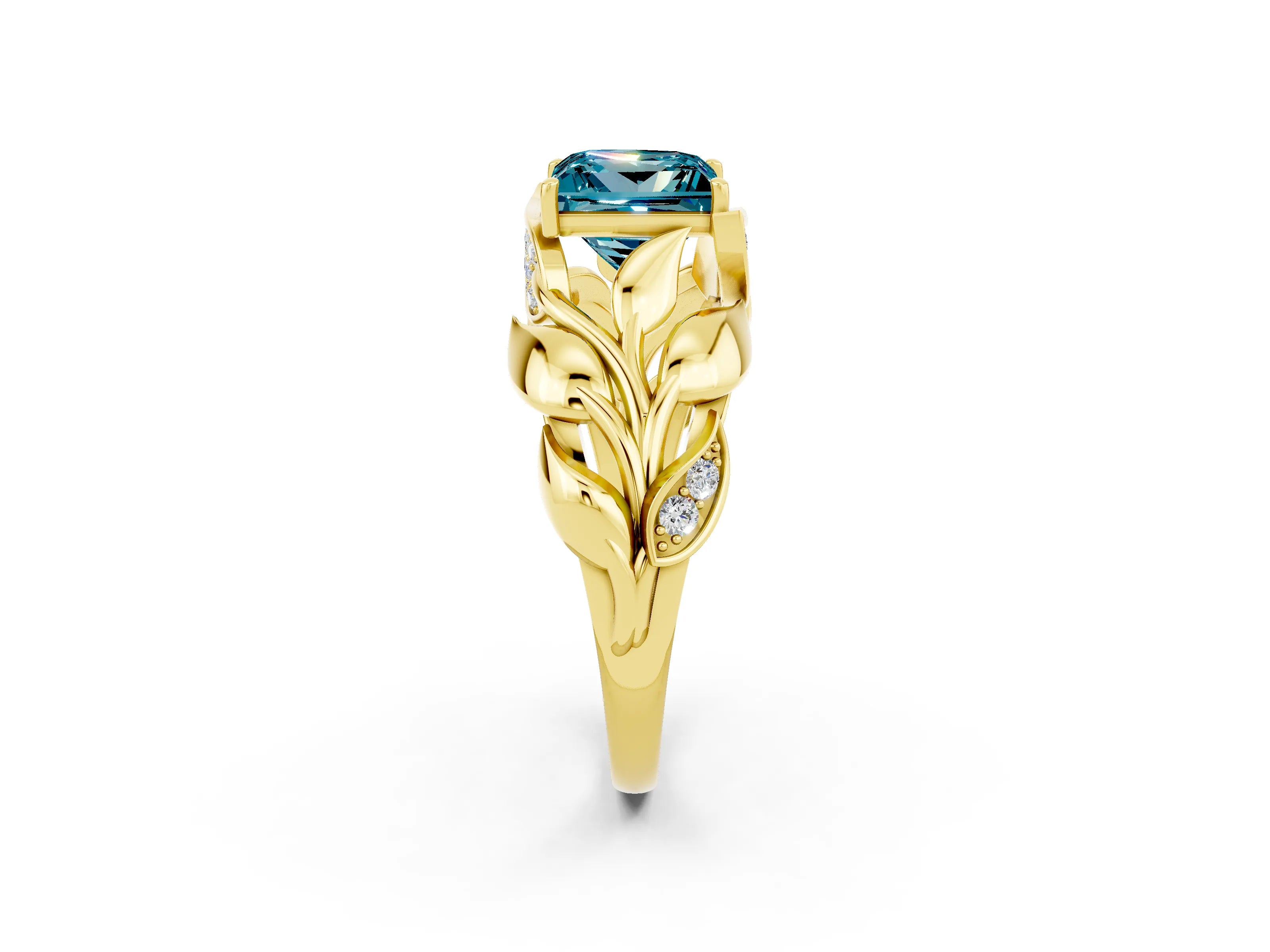 Yellow gold Princess Cut Solitaire Leaf-Inspired Engagement Ring with Prong Setting_2