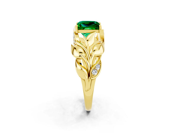Yellow gold Princess Cut Emerald Leaf-Inspired Engagement Ring with Round Accents and Prong Setting