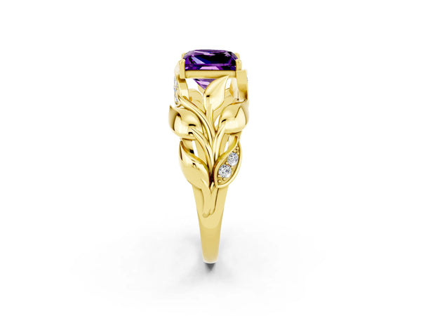 Yellow gold Princess Cut Amethyst Leaf-Inspired Engagement Ring with Round Accents and Prong Setting