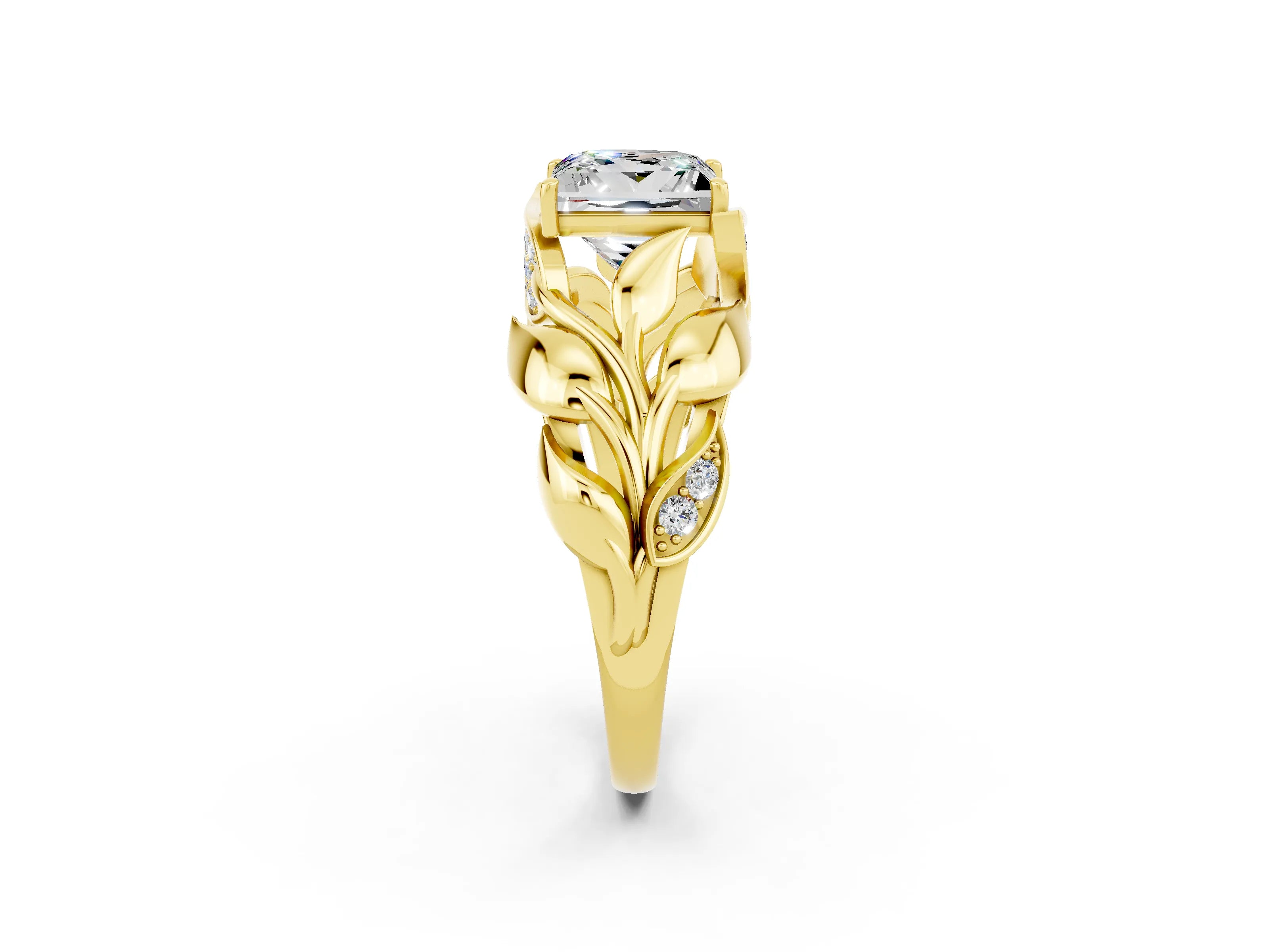 Yellow gold Princess Cut Solitaire Leaf-Inspired Engagement Ring with Prong Setting_2
