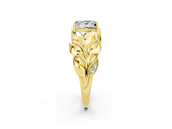 Yellow gold Princess Cut Moissanite Leaf-Inspired Engagement Ring with Round Accents and Prong Setting