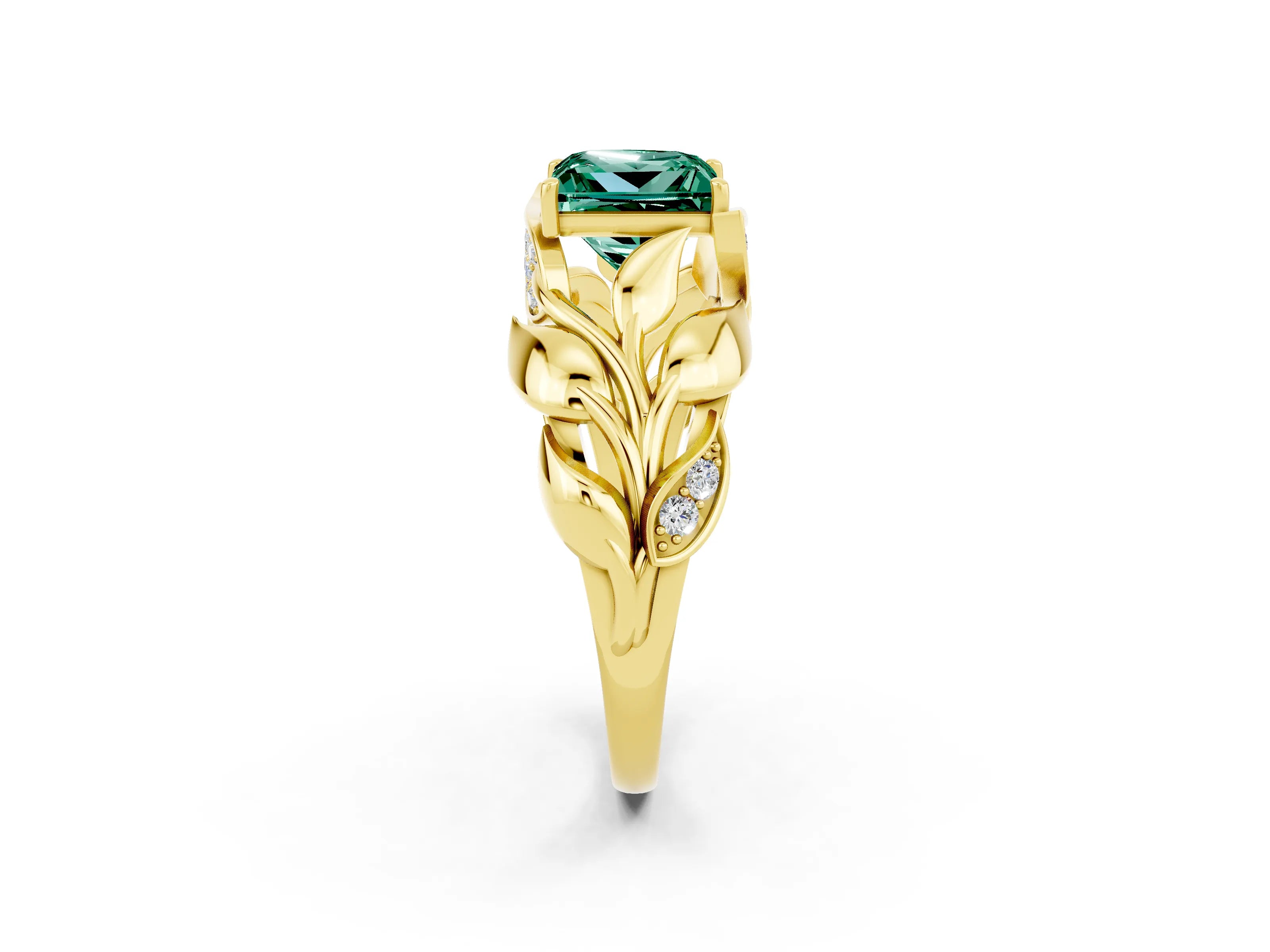 Yellow gold Princess Cut Solitaire Leaf-Inspired Engagement Ring with Prong Setting_2