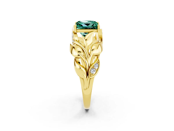 Yellow gold Princess Cut Green Sapphire Leaf-Inspired Engagement Ring with Round Accents and Prong Setting