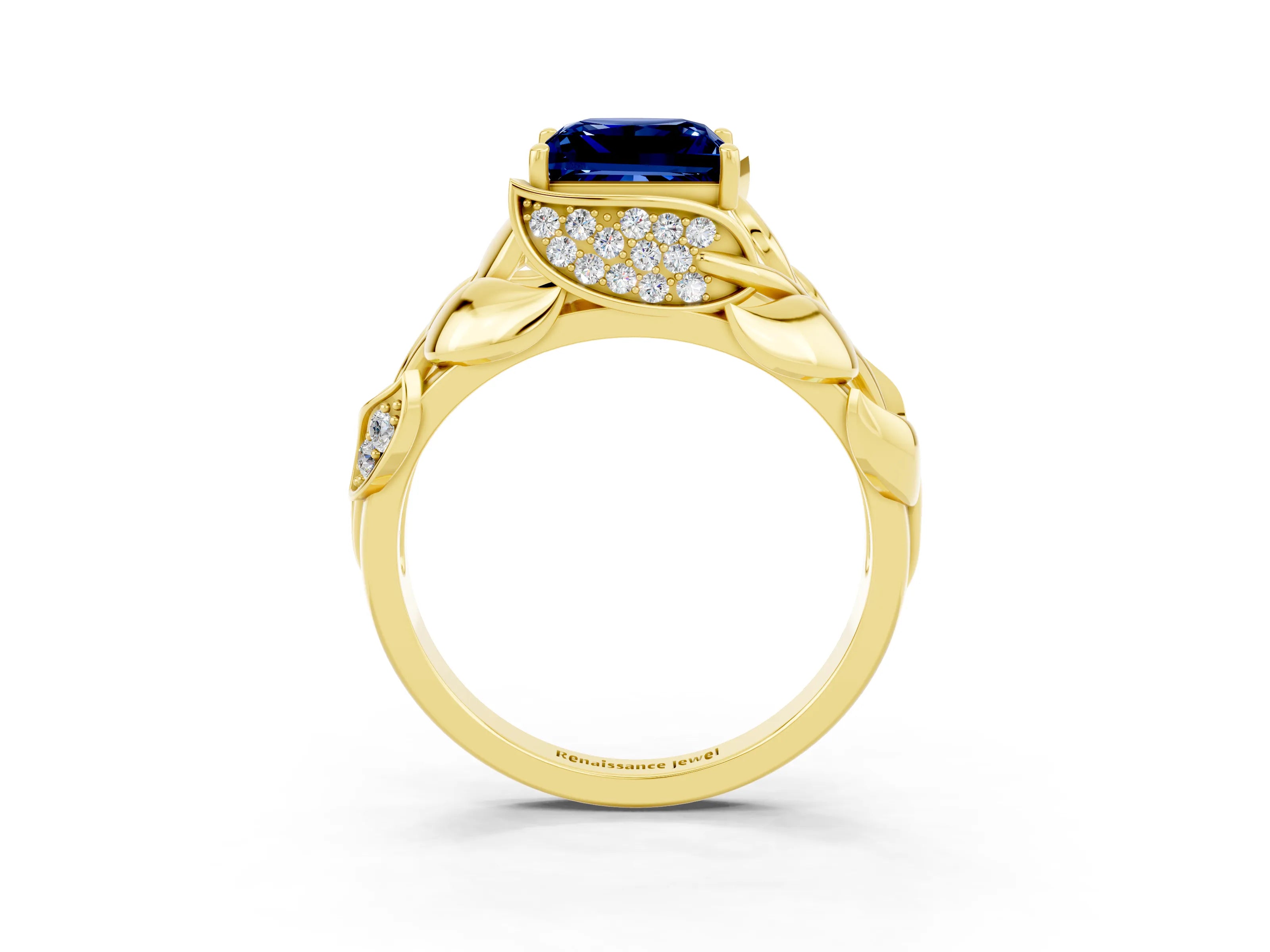 Yellow gold Princess Cut Solitaire Leaf-Inspired Engagement Ring with Prong Setting_3