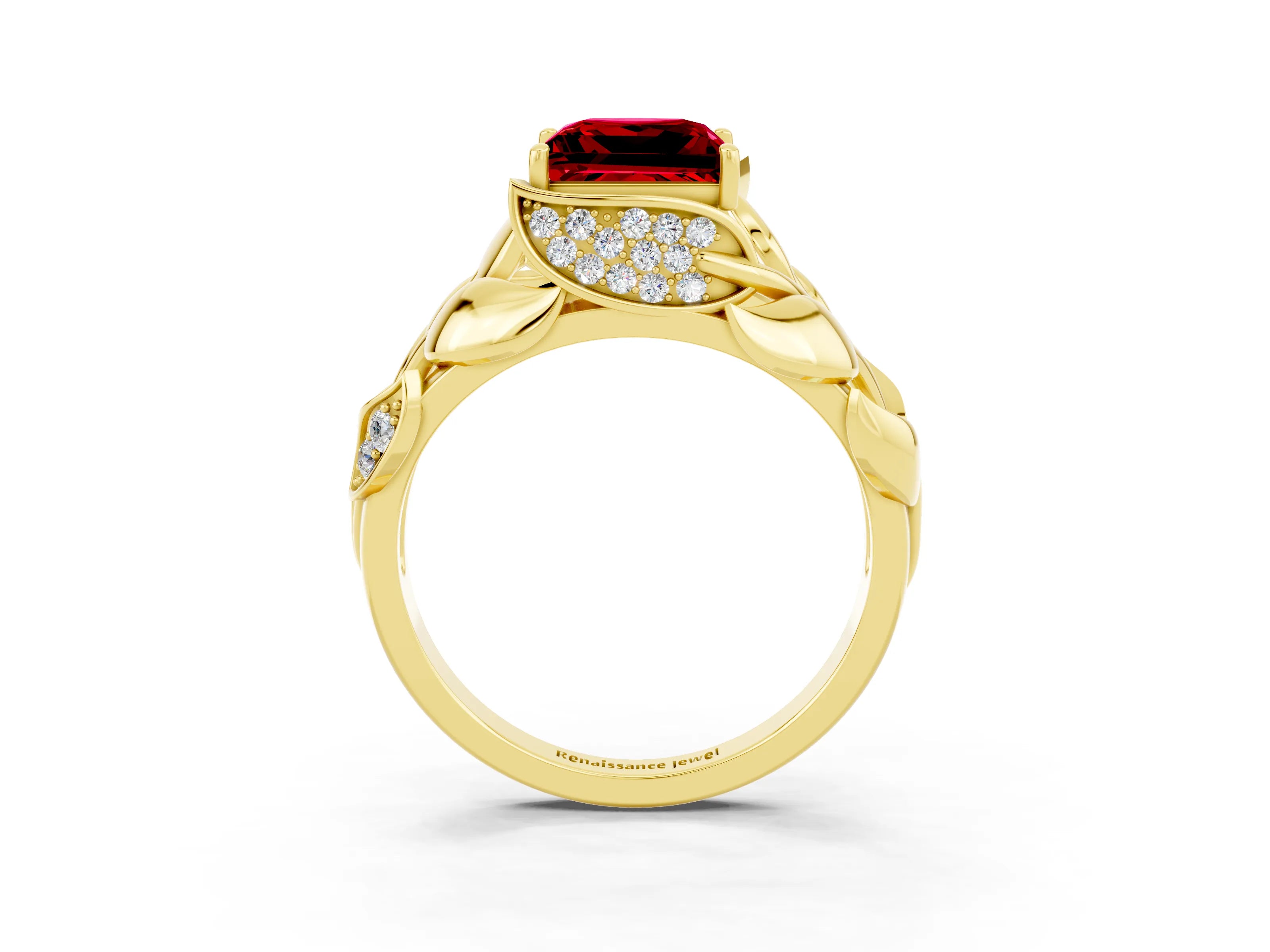 Yellow gold Princess Cut Solitaire Leaf-Inspired Engagement Ring with Prong Setting_3
